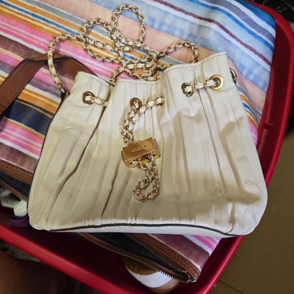 Aldo Cream Pleated Drawstring Shoulder Bag with Gold Chain